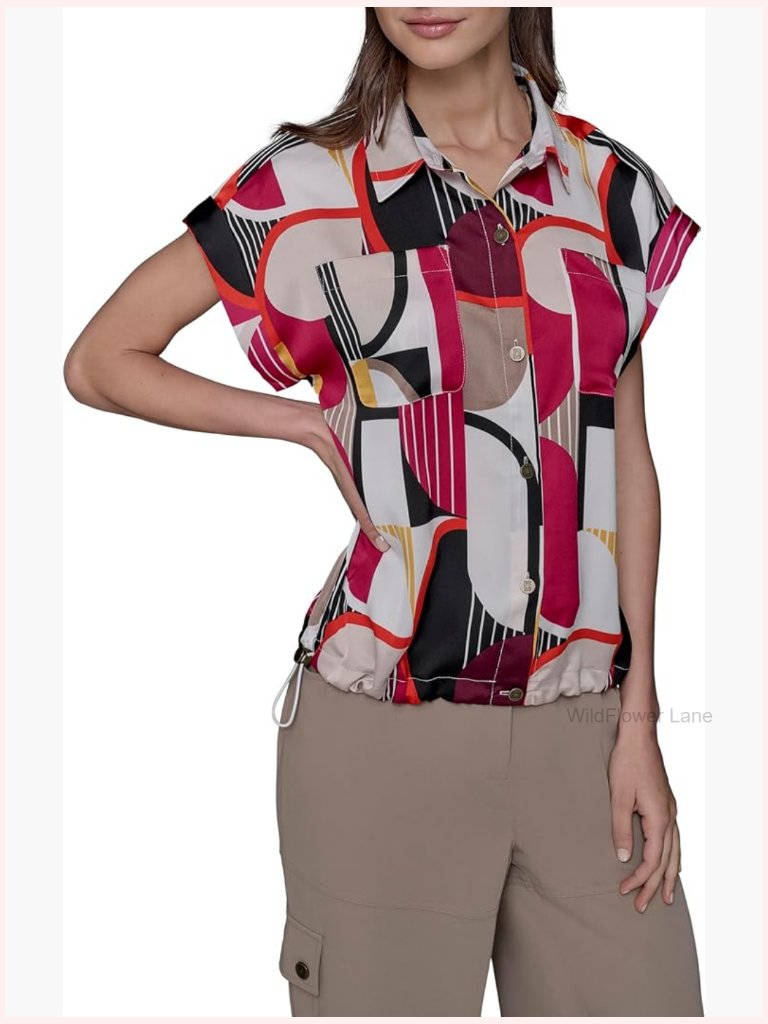 Short Sleeve Collared Blouse - 100% Polyester, Classic Fit, Button Front